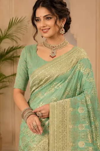 Sangam prints sea green cotton silk woven work traditional saree