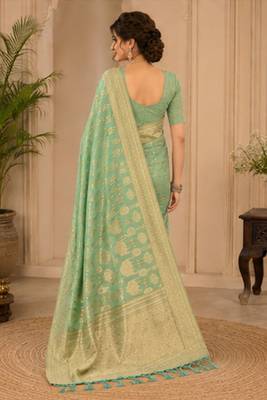 Sangam prints sea green cotton silk woven work traditional saree 3