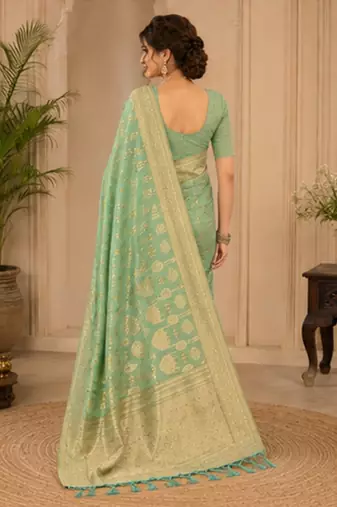 Sangam prints sea green cotton silk woven work traditional saree