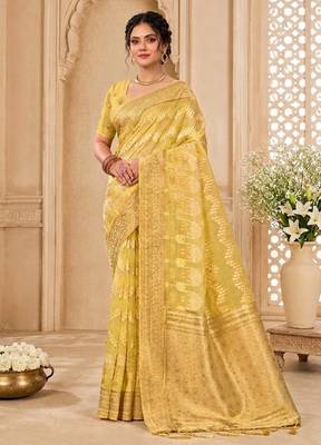 Sangam prints light yellow cotton silk woven work traditional saree 1