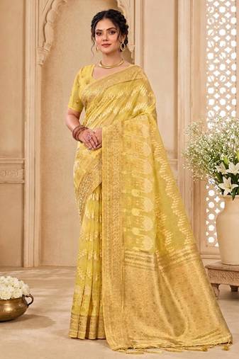 Sangam prints light yellow cotton silk woven work traditional saree