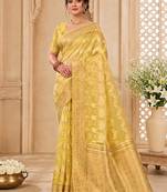 Sangam prints light yellow cotton silk woven work traditional saree