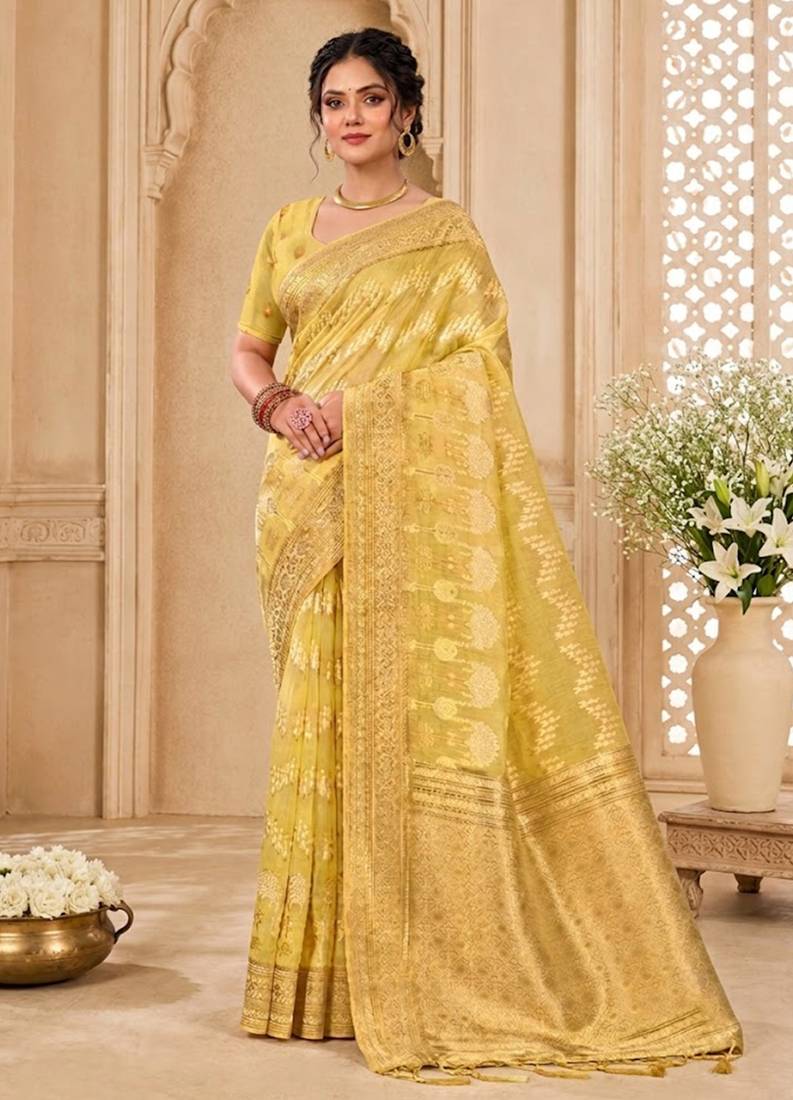 Sangam prints light yellow cotton silk woven work traditional saree