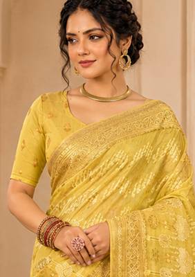 Sangam prints light yellow cotton silk woven work traditional saree 2