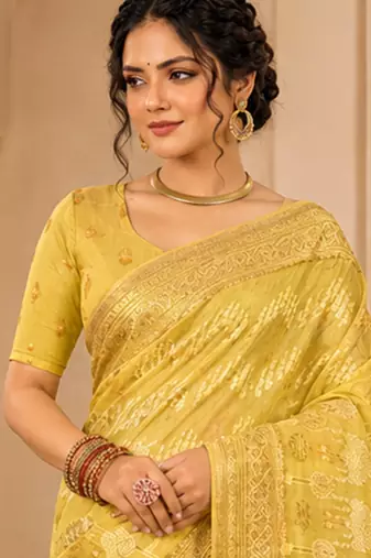 Sangam prints light yellow cotton silk woven work traditional saree