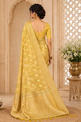 Sangam prints light yellow cotton silk woven work traditional saree 3