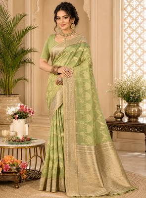 Sangam prints olive green cotton silk woven work traditional saree 1