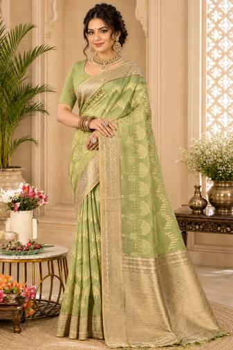Sangam prints olive green cotton silk woven work traditional saree