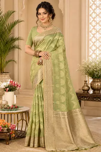 Sangam prints olive green cotton silk woven work traditional saree