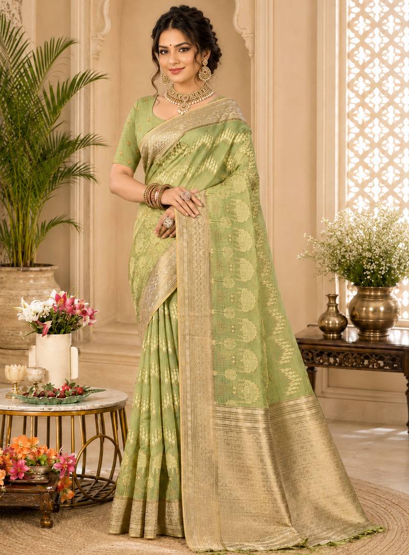 Sangam prints olive green cotton silk woven work traditional saree