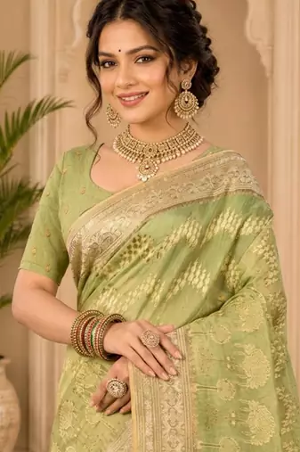 Sangam prints olive green cotton silk woven work traditional saree