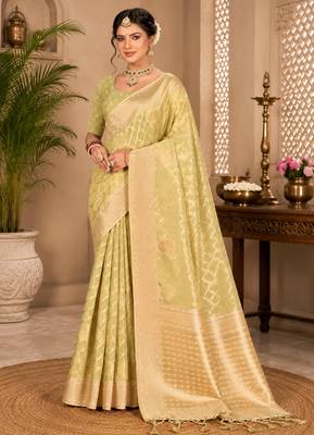 Sangam prints light lime green cotton silk woven work traditional saree 1
