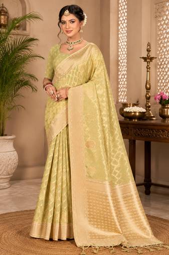 Sangam prints light lime green cotton silk woven work traditional saree