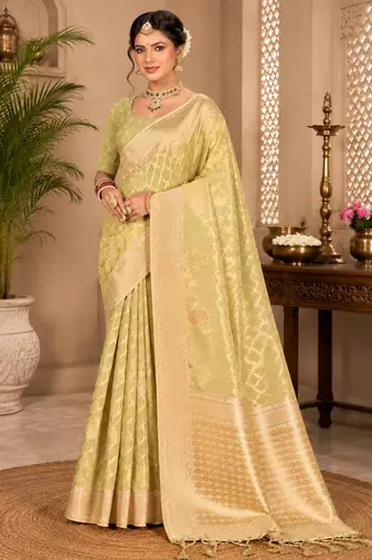 Sangam prints light lime green cotton silk woven work traditional saree