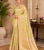 Sangam prints light lime green cotton silk woven work traditional saree