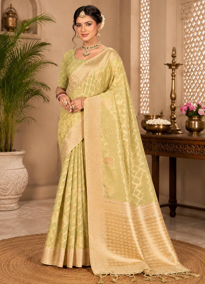 Sangam prints light lime green cotton silk woven work traditional saree