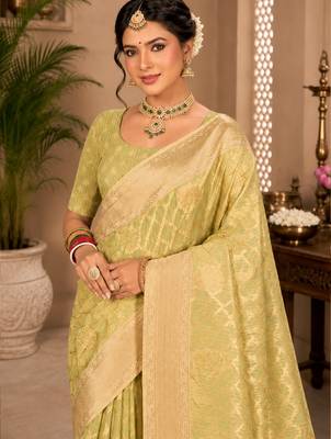 Sangam prints light lime green cotton silk woven work traditional saree 2