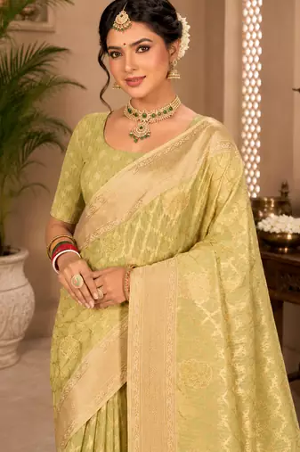 Sangam prints light lime green cotton silk woven work traditional saree
