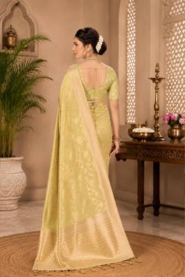 Sangam prints light lime green cotton silk woven work traditional saree 3