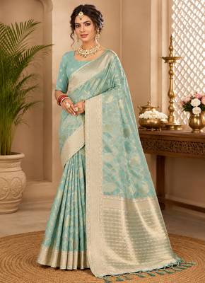 Sangam prints aqua blue cotton silk woven work traditional saree 1