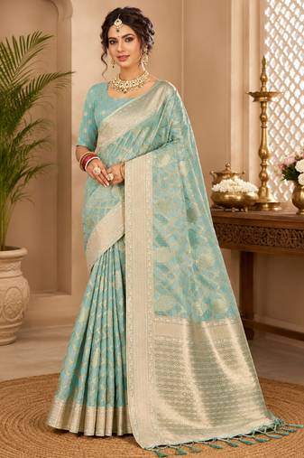 Sangam prints aqua blue cotton silk woven work traditional saree