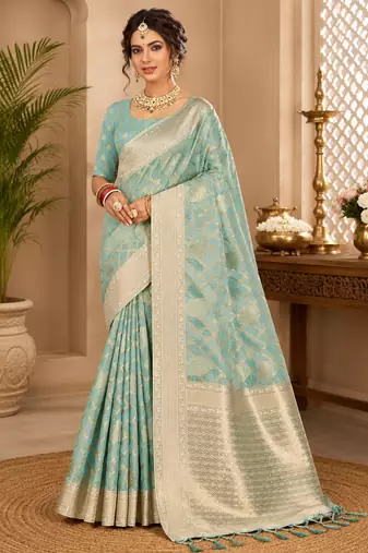 Sangam prints aqua blue cotton silk woven work traditional saree
