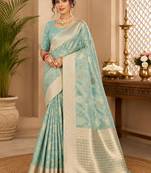 Sangam prints aqua blue cotton silk woven work traditional saree