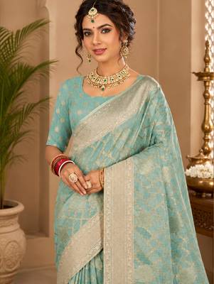 Sangam prints aqua blue cotton silk woven work traditional saree 2