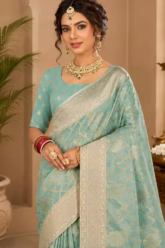 Sangam prints aqua blue cotton silk woven work traditional saree