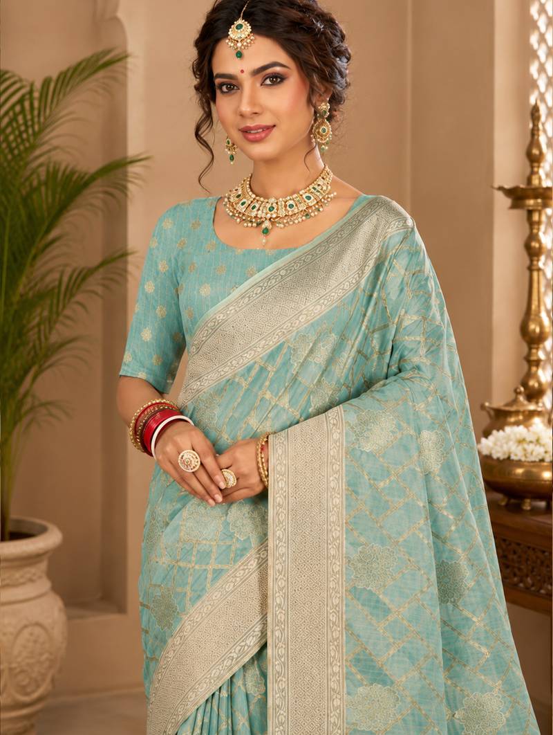 Sangam prints aqua blue cotton silk woven work traditional saree