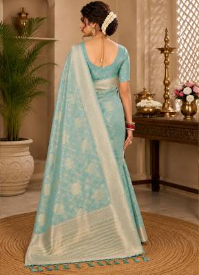 Sangam prints aqua blue cotton silk woven work traditional saree 3
