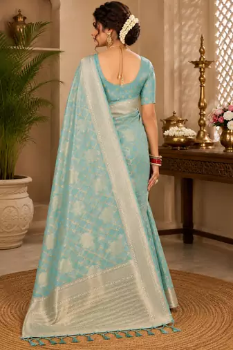 Sangam prints aqua blue cotton silk woven work traditional saree
