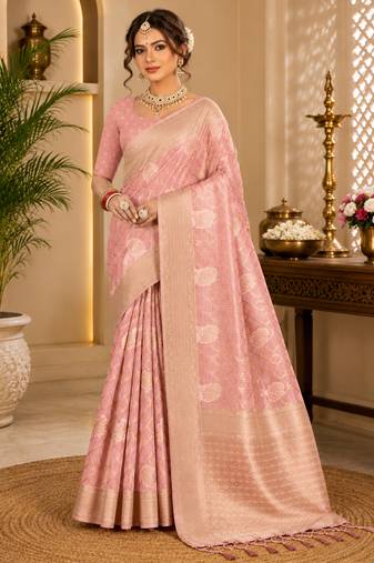 Sangam prints dusty pink cotton silk woven work traditional saree
