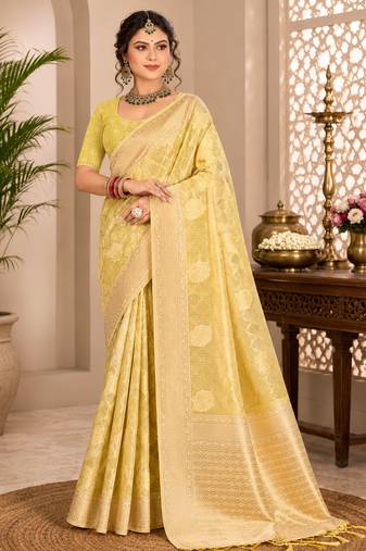 Sangam prints light yellow cotton silk woven work traditional saree