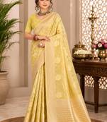 Sangam prints light yellow cotton silk woven work traditional saree