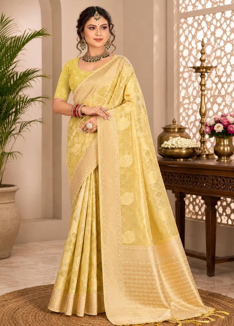 Sangam prints light yellow cotton silk woven work traditional saree