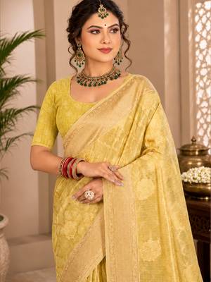 Sangam prints light yellow cotton silk woven work traditional saree 2