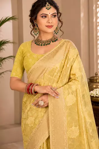 Sangam prints light yellow cotton silk woven work traditional saree