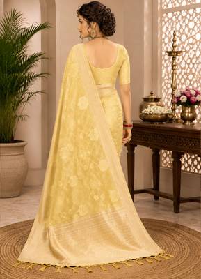 Sangam prints light yellow cotton silk woven work traditional saree 3