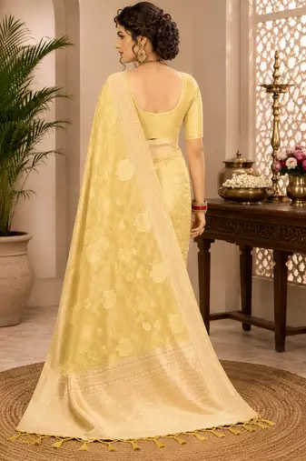 Sangam prints light yellow cotton silk woven work traditional saree
