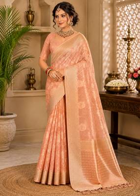 Sangam prints peach cotton silk woven work traditional saree 1