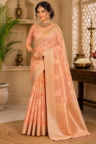 Sangam prints peach cotton silk woven work traditional saree