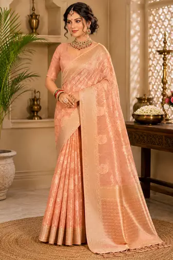 Sangam prints peach cotton silk woven work traditional saree