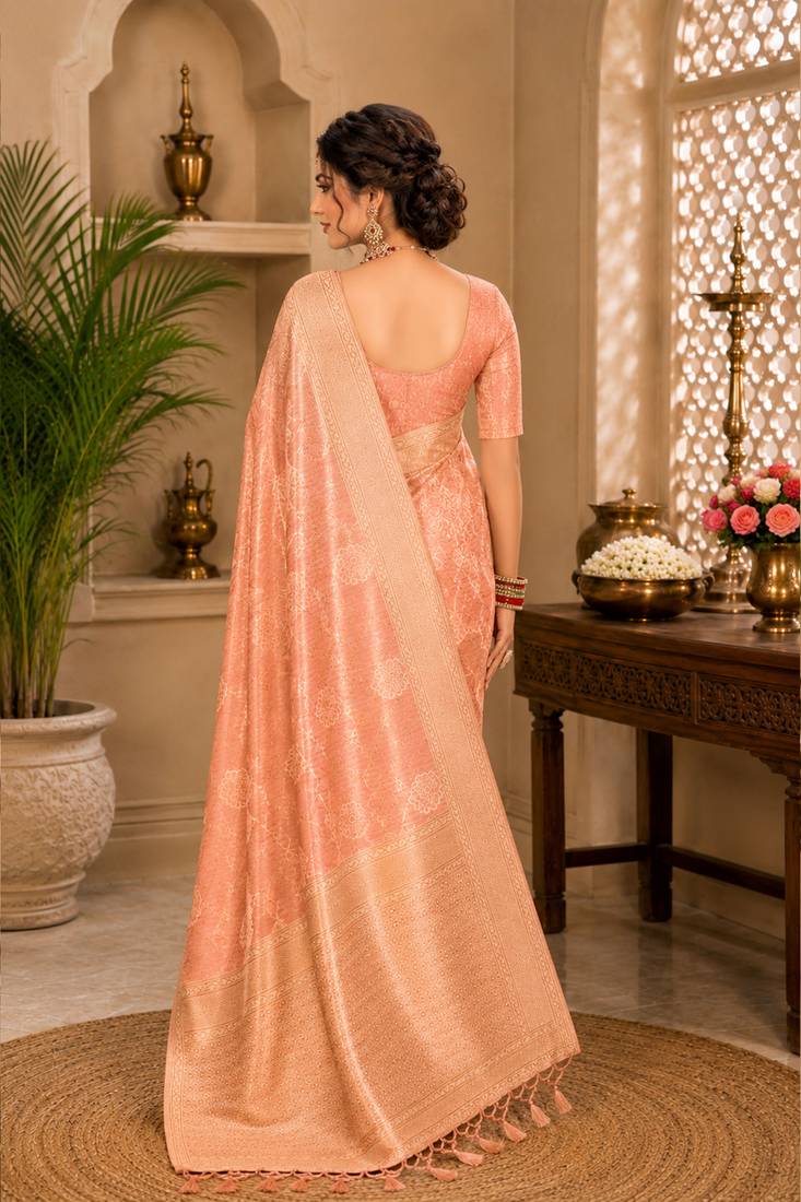 Sangam prints peach cotton silk woven work traditional saree