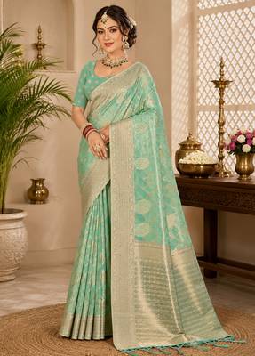 Sangam prints mint green cotton silk woven work traditional saree 1