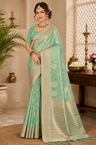 Sangam prints mint green cotton silk woven work traditional saree