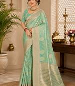 Sangam prints mint green cotton silk woven work traditional saree