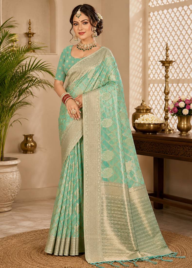 Sangam prints mint green cotton silk woven work traditional saree