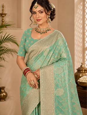 Sangam prints mint green cotton silk woven work traditional saree 2