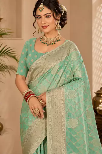 Sangam prints mint green cotton silk woven work traditional saree